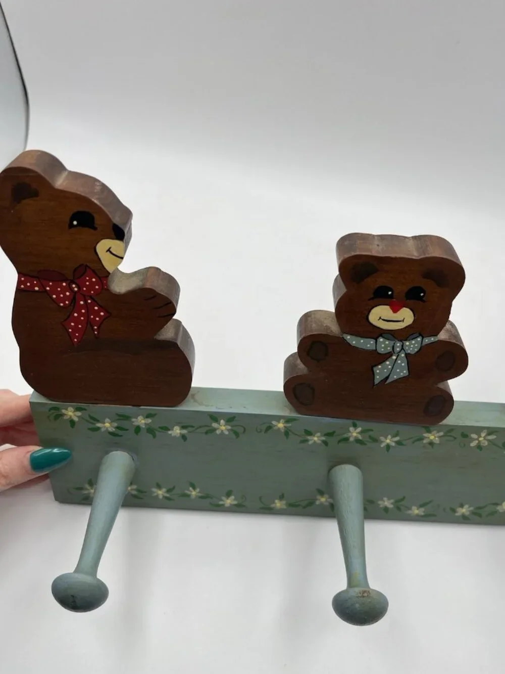 Vintage Teddy Bear Wooden Wall Coat Rack Nursery Peg Hand Painted Cottage Baby